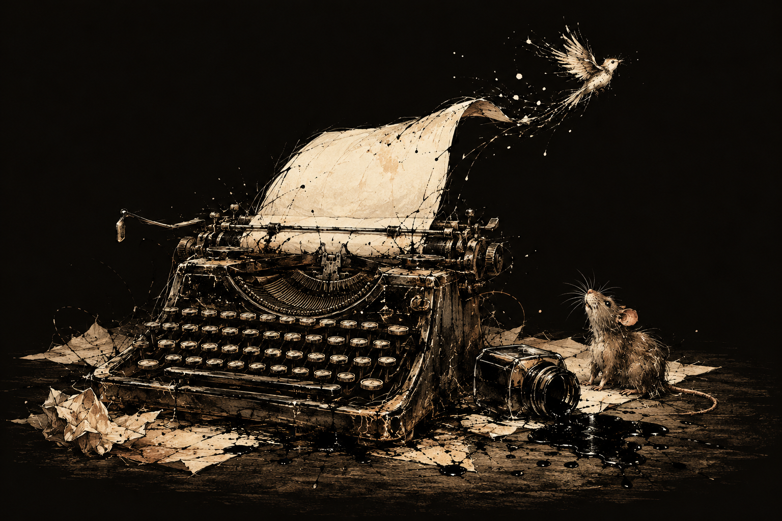 A small rat beside a typewriter whose paper becomes a bird, drawn in scratchy ivory ink.