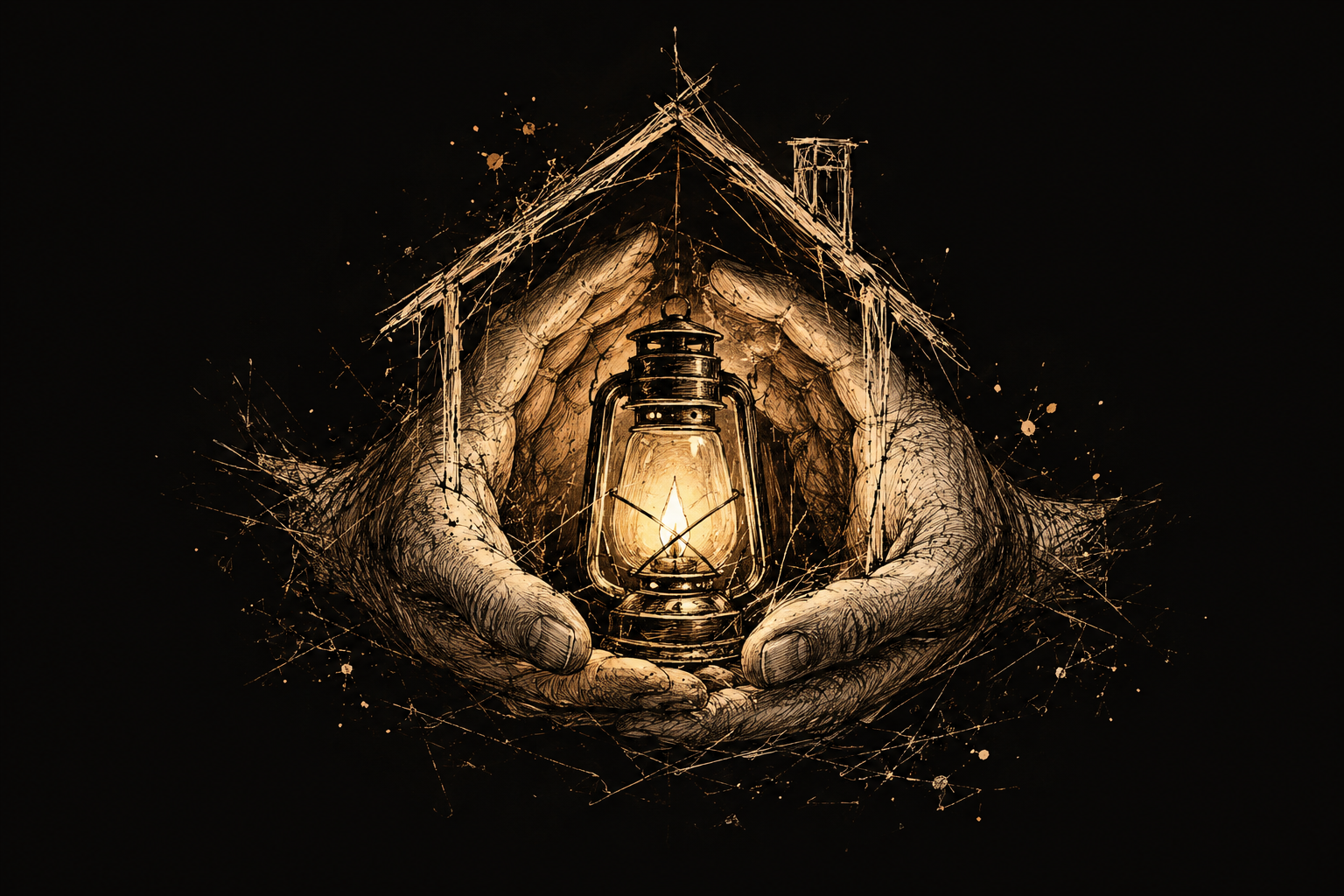 Scratchy ink drawing of hands sheltering a lantern inside the outline of a house.